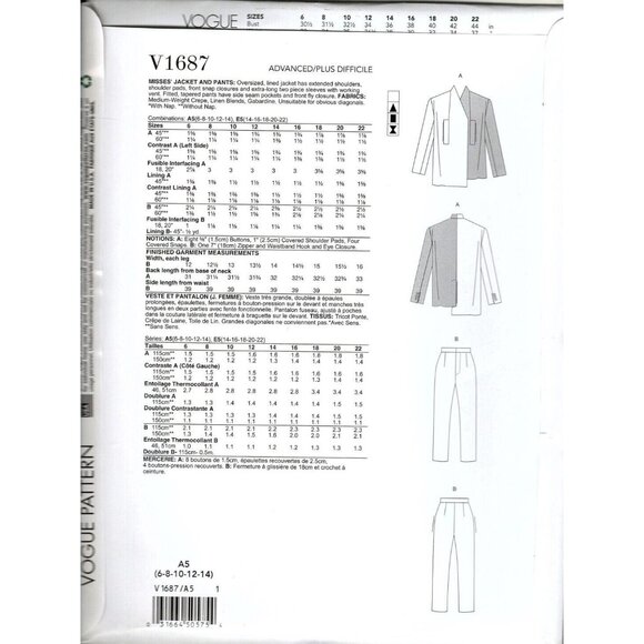 Vogue V1687 Misses 14 to 22 Guy Laroche Jacket and Pants Uncut Sewing Pattern - Picture 2 of 2